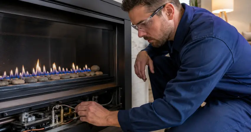 repairman Winnipeg checking fireplace burner and pilot assembly