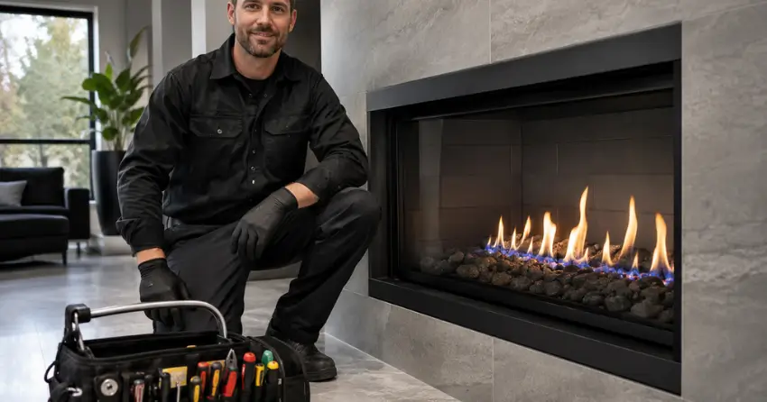fireplace technician Winnipeg service call completed gas fireplace running