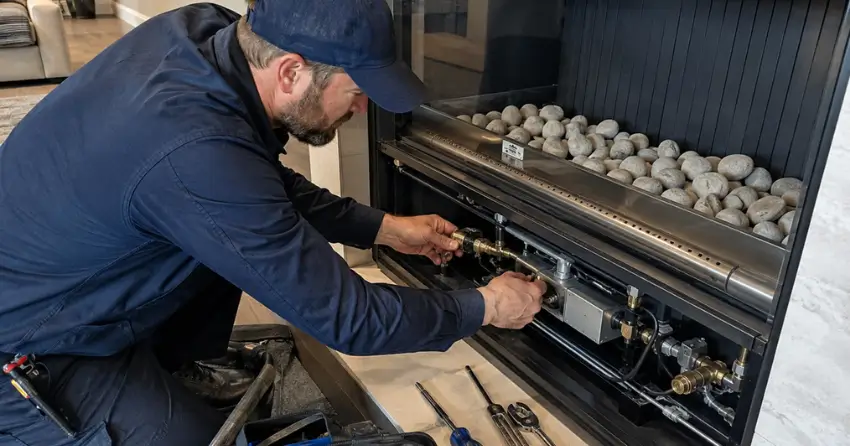 TSSA licensed gas fireplace technician at work in residential home Winnipeg