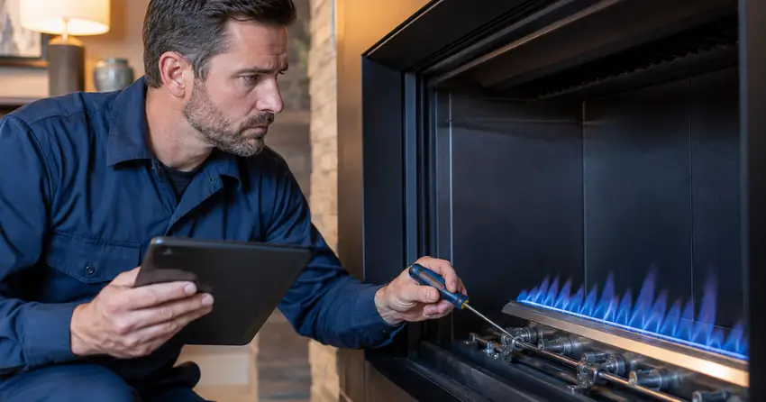 gas fireplace technician completing service visit Winnipeg