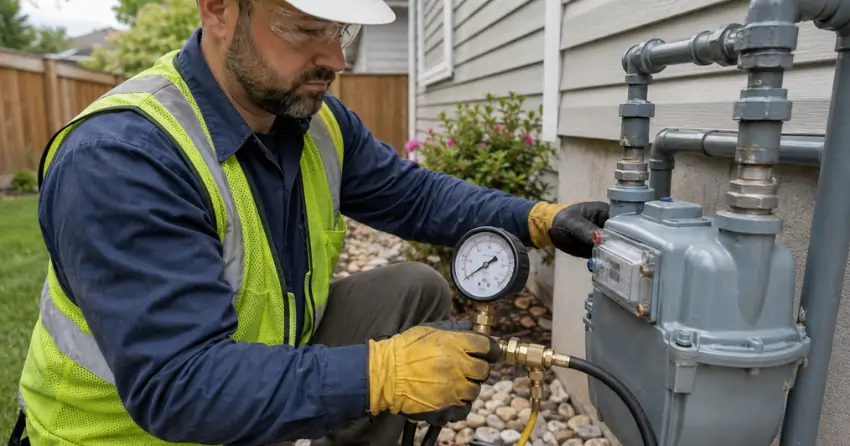 gas line installer performing pressure test on new residential line in Winnipeg
