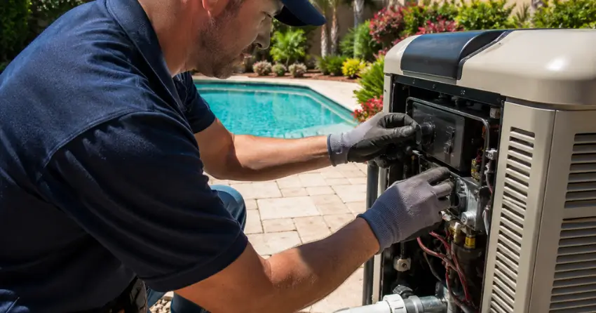 gas pool heater technician performing spring startup service in Winnipeg