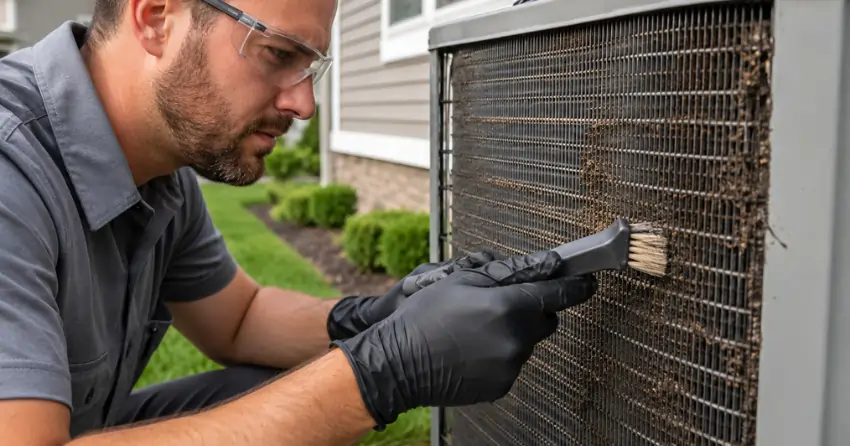 HVAC technician cleaning air conditioner condenser coils
