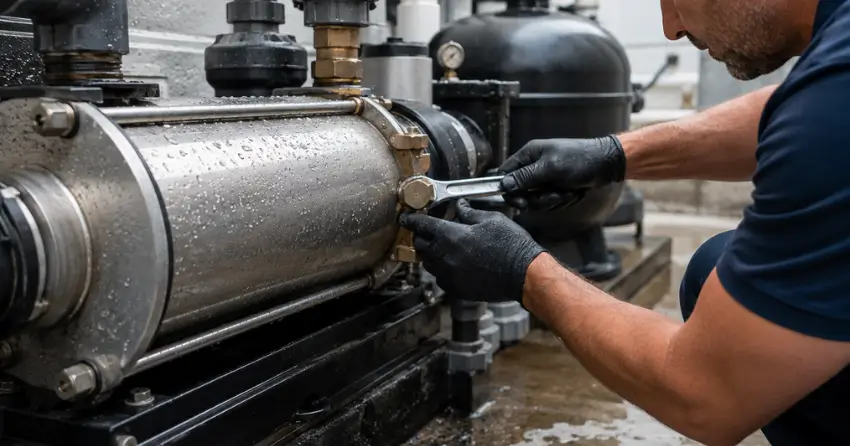 licensed technician completing pool heat exchanger repair Winnipeg
