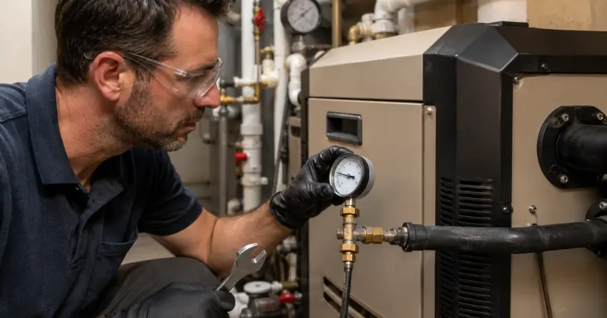 pool heater technician testing gas pressure in Winnipeg