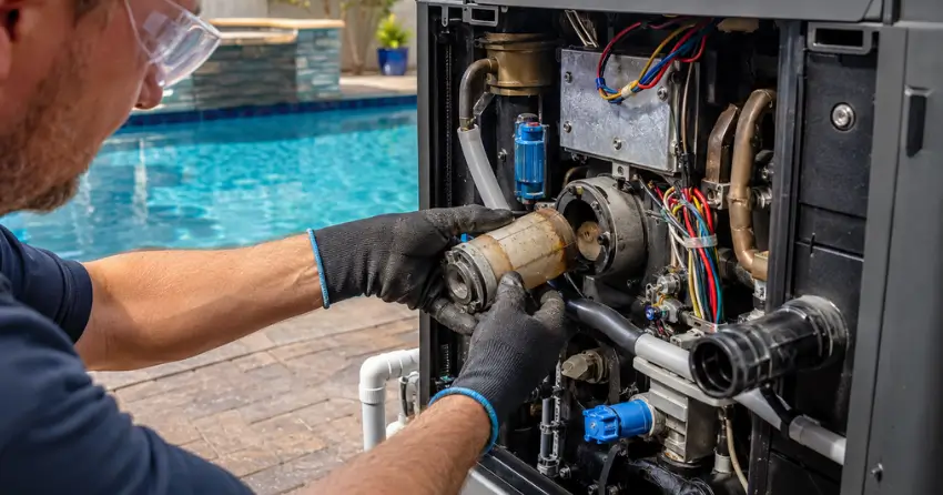swimming pool heater repair Winnipeg  technician replacing faulty component