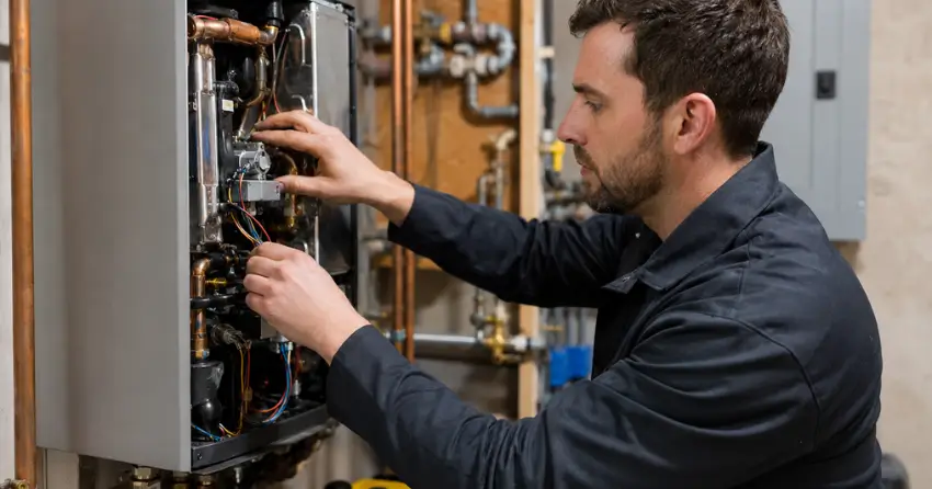 Ontario Gas Services technician repairing tankless hot water system Winnipeg