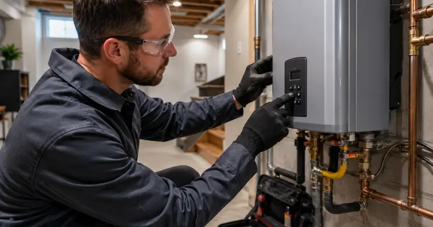 Ontario Gas Services technician completing tankless water heater service in Winnipeg